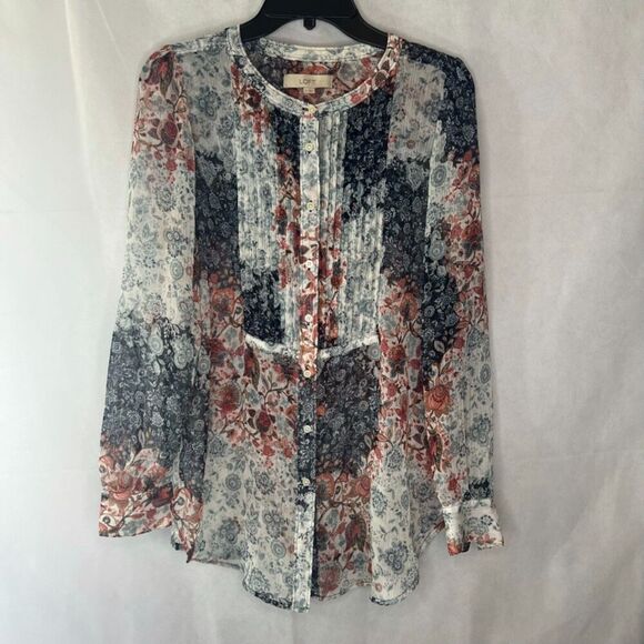 LOFT Boho Mixed Floral Print Semi-Sheer Long Sleeve Blouse Size Small - Picture 5 of 9